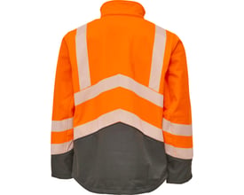 ELKA softshell jakke i orange og sort, størrelse L, set bagfra med refleksdetaljer på ærmer og ryg.