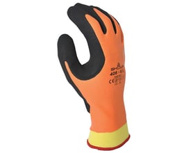 Nærbillede af Showa vinterhandske 406, der viser detaljer på den sorte latexbelægning og orange akryl-yderside.