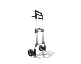 NH Handling FW-90L sammenklappelig sækkevogn i aluminium med sorte hjul og udfoldet læsseplade, til 200 kg.