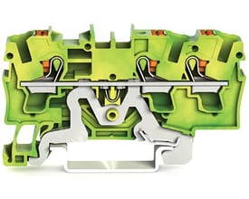 Wago 3-leder-jordklemme i grøn-gul viser push-in CAGE CLAMP teknologi og monteringsclips til DIN-skinne.