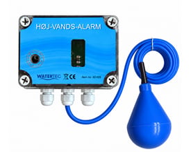 Watertec højvandsalarm 50-028 med blå alarmboks, niveauvippe og sammenrullet kabel.