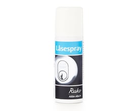 Assa Abloy Ruko låsespray på 50 ml i en hvid spraybeholder med blå og sort etiket.