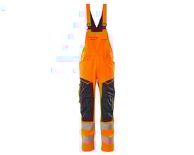 Mascot Hi-Vis arbejds overall i orange og mørk marine med regulerbare seler og synlige reflekser. Str. 90C56.