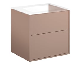 Gustavsberg vaskeskab i ferskenfarve med to skuffer og integreret hvid håndvask. Mål 600x465x550mm.