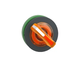 Overbliksbillede af Schneider Electric Harmony XB5/ZB5 drejegreb i orange, vist med en grøn tandkrans bagpå på hvid baggrund.