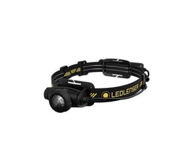 Ledlenser H5R Pro genopladelig pandelampe på 750 lm med sort lampehus, hovedrem og gule detaljer.