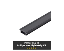 LightSolutions Model G sort aluminiumsprofil til Philips Hue Lightstrip V4, vist med teksten 'Passer bl.a. til Philips Hue Lightstrip V4'.
