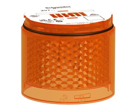 Schneider Electric orange LED lysmodul, Ø70 mm, blinkende med diamantformet reflektor og mærkeinformation.
