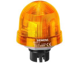 Siemens integreret signallampe 70mm i gul med LED-lys til 24V AC/DC, vist på hvid baggrund.