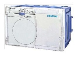Siemens RVP201.0 varmeregulator uden urstyring med et hvidt frontpanel med et cirkulært display og blå betjeningselementer.