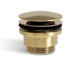 Pop up bundventil med 1 1/4" gevind i børstet guld messing til badeværelset, vist på hvid baggrund.