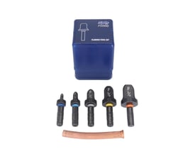 Wareco kraveværktøj Spintool F5000 sæt med 5 dele til HVAC, vist med blå opbevaringsboks og fem individuelle flaring inserts.