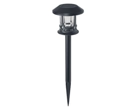 Osram SMART+ Path Solar bedlampe i sort aluminium med solcelle og klar glascylinder på en hvid baggrund.