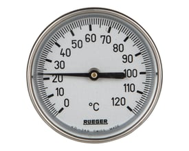 Rueger termometer TCH med 100mm diameter og 100mm dybrør, med en skala fra 0-120 grader Celsius.