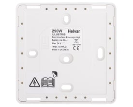 Bagan af Helvar Illustris Dali Interface med specifikationer som 290W, Dali Interface Extension Unit, Max. 24 V, Max. 40 mA, og CE-mærkning.