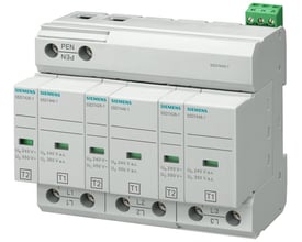 Siemens overspændingsbeskytter type 1+2, 3-polet 3+0, 350V, med grønne terminaler til ledningsføring og PEN-mærkning.
