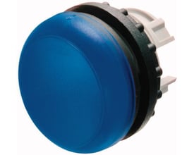 Eaton M22-L-B blå signallampe med en flad linse, 30x30x30mm og IP67/IP69K-klassificering.