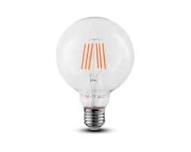 V-Tac 6W LED globepære med E27 fatning og synligt kultrådsdesign, der erstatter 60W pærer med 806 lumen.