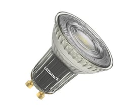 Ledvance LED PAR16 GU10 lyskilde med et klart glas og sølvfarvet base isoleret på hvid baggrund.
