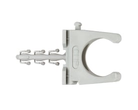 Fischer Clipfix + Rørclips SF RC IEC 16 i grå plast, viser rørklampe med dybel og skrue integreret.