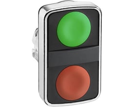 Schneider Electric metal dobbelt trykknap med Ø 22mm, rød og grøn knap, krom frontring og sort baggrund.
