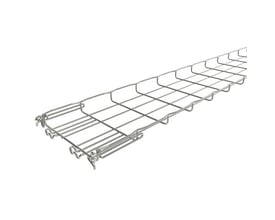 Nærbillede af Legrand gitterbakke FC samlingssystem, der viser Fasclic+ låsemekanismen og den svejsede konstruktion i rustfrit stål.