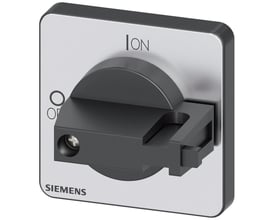 Siemens drejegreb 3LD9 i sort plast og sølvfarvet metalramme med 'ON' og 'O'/'I' markeringer, og Siemens logo nederst.