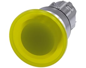 Siemens oplyst paddehattrykknap i metal, 22mm diameter, med højglans gul aktuator og sølvfarvet monteringsring på hvid baggrund.