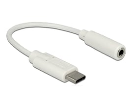 DeLock audio adapter med USB Type-C hanstik og 3,5 mm hunstik i hvid, 14 cm langt.