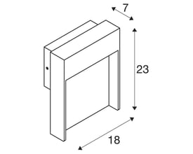 Teknisk skitse af SLV FLATT LED væglampe med dimensioner i millimeter angivet for højde, bredde og dybde.