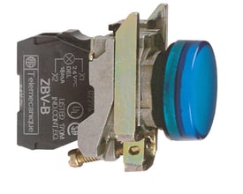 Detaljeret billede af Schneider Electric signallampe XB4BVB6, med fokus på mærkning og tilslutning på bagsiden.