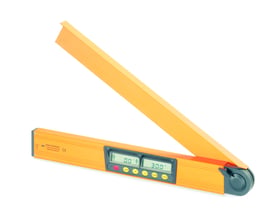 Orange digitalt vaterpas og vinkelmåler åben, viser display med 0.0 og 30.0 grader, på hvid baggrund.