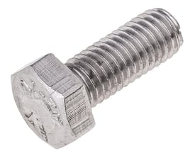 Enkel M12 x 30 mm sætskrue i A4 rustfrit stål med sekskantet hoved og fuld gevind på hvid baggrund.