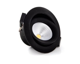 Sort SLC One 360° LED downlight vist fra siden med synlig LED-lys og vippefunktion på hvid baggrund.