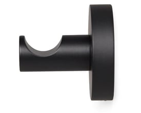 Sort håndklædekrog med bagplade og en stilren, buet form til ophængning af håndklæder på et hvidt baggrund.