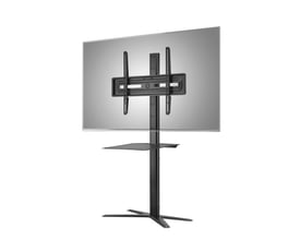 One For All WM4672 TV-gulvstander i sort med hylde, vist med en gennemsigtig 70-tommers skærm.