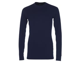 Undertrøje i marineblå fra Mascot med lange ærmer og rund hals, fremstillet af svedtransporterende CoolMax materiale.