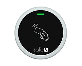 Rund Zafe Reader R-briklæser med sort front, lys kant og grøn indikator til adgangskontrol.