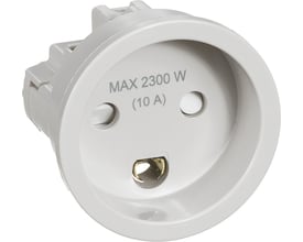 Lysegrå Lauritz Knudsen indbygningsstikkontakt med 2 poler og jord, 10 A, 250 V AC, vist fra siden med synlig monteringsmekanisme.
