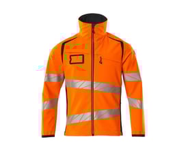 Detaljeret frontfoto af Mascot Hi-Vis softshell jakke i størrelse M, viser lynlås, brystlomme og reflekser.
