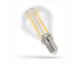 SpectrumLED E14 LED-kronepære på 1 W med klart G45-glas, synlige gule kultråde og sølvfarvet skruefatning.
