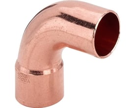 Kobber loddebøjning 90 grader med 28mm nippel og 28mm muffe, klar til installation i VVS-systemer.