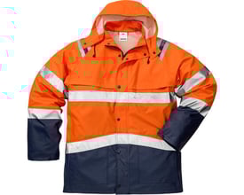 Orange Kansas hi vis regnjakke i str. M med mørkeblå detaljer og reflekser, godkendt iht. EN ISO 20471 kl. 3.