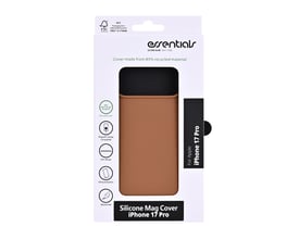 Hasselnøddefarvet silikonebagcover til iPhone 17 Pro vist i emballagen med åbning foran.