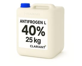 Glykol Antifrogen L fra Clariant i en lys dunk med blåt skruelåg, mærket 40 % og 25 kg.