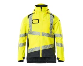 Mascot vinterjakke i hi-vis gul og mørk marine, størrelse M, med reflekser og vandtætte lynlåse på hvid baggrund.