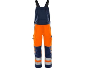 Kansas arbejdsbukser 1030 Hi-Vis i orange og marineblå med justerbare seler og reflekser på benene.