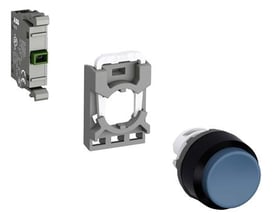 ABB MP1-40L-10 trykknapkomponenter, herunder en grå kontaktenhed, en grå montageholder og en blå trykknap med sort kant.