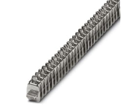 Nærbillede af Phoenix Contact AK 16 afgreningsklemme i sølvfarvet metal med skruetilslutning, vist i et samlet modul.