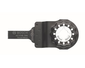 Detaljeret billede af Bosch Starlock AIZ 10 AB klinge til træ og metal, fremviser 10 mm bredde og monteringssystemet på hvid baggrund.